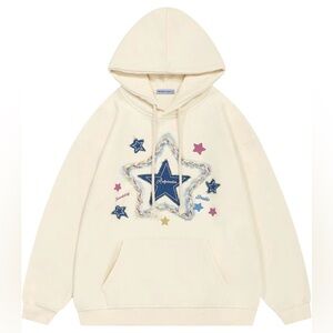 NWT Aelfric Eden Hoodie Denim Star Appliqué Cream Sweatshirt Small